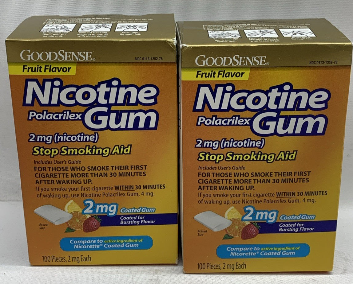 GoodSense Coated Nicotine Gum Fruit Flavor 2mg 100 Count Stop Smoking Aid 2 PACK