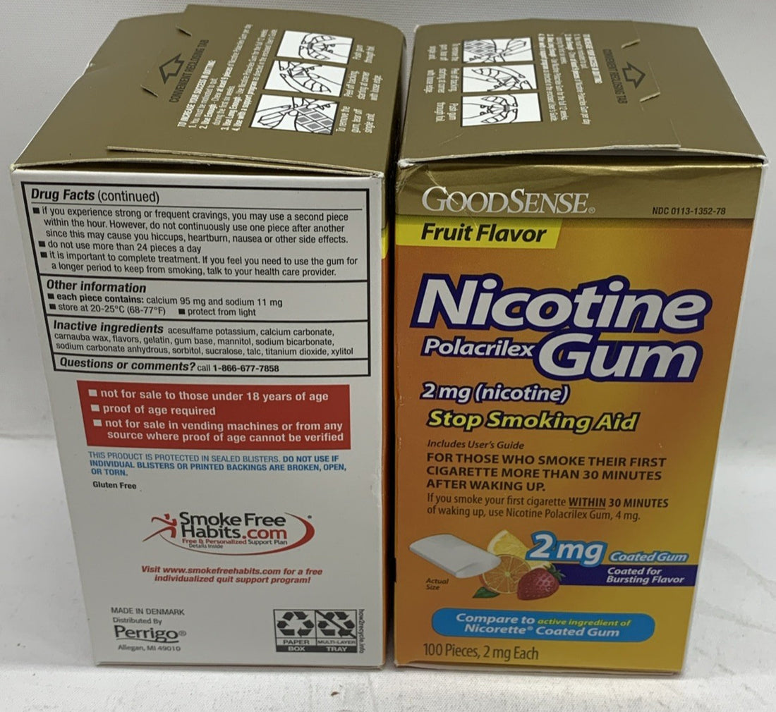 GoodSense Coated Nicotine Gum Fruit Flavor 2mg 100 Count Stop Smoking Aid 2 PACK