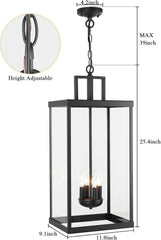Large Outdoor Pendant Lantern Light Fixture for Front Porch 24Inch 3-Light Black