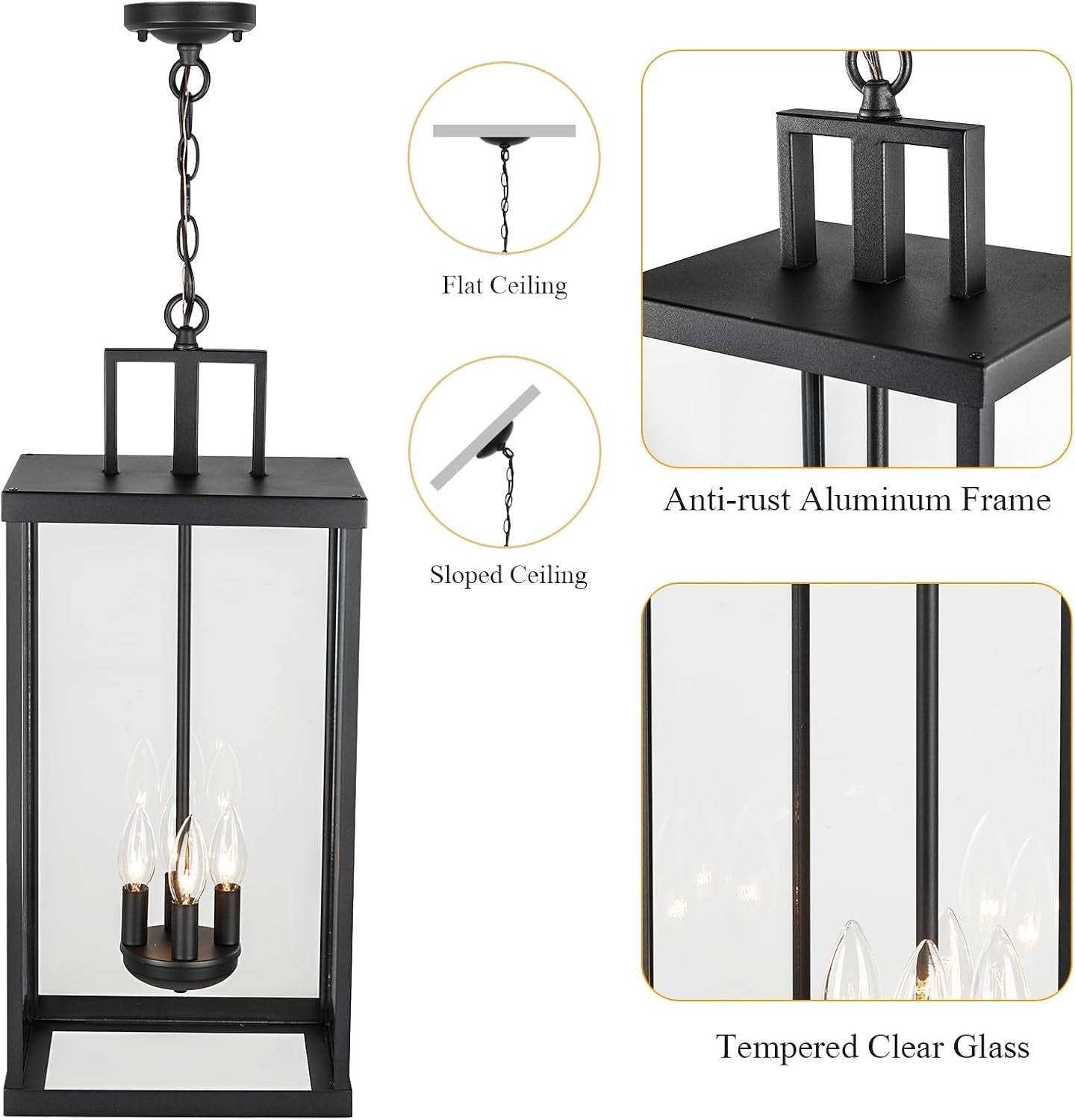Large Outdoor Pendant Lantern Light Fixture for Front Porch 24Inch 3-Light Black