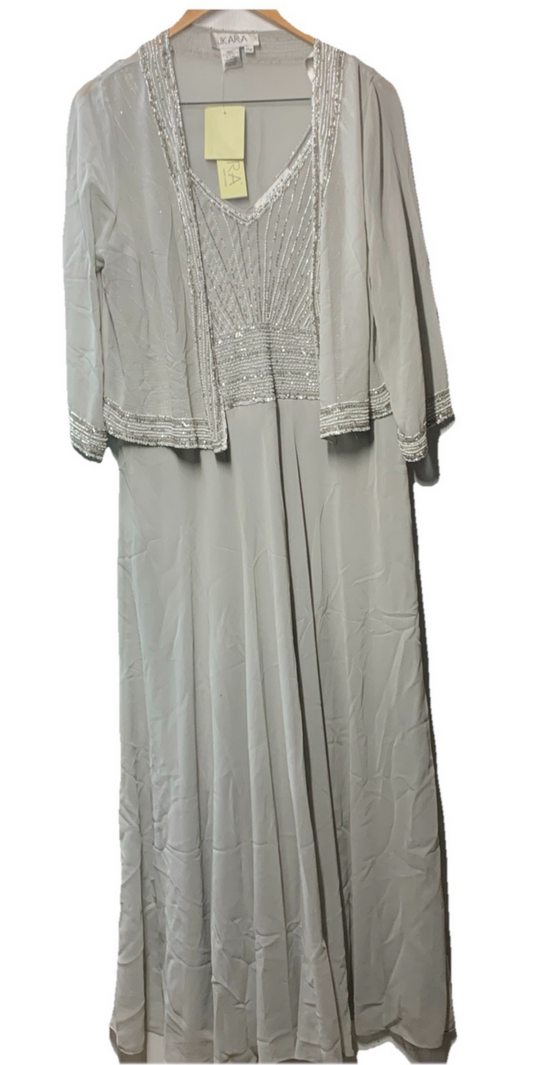 J Kara V-Neck Sleeveless Long Formal Dress With Matching Jacket Silver Size 14W