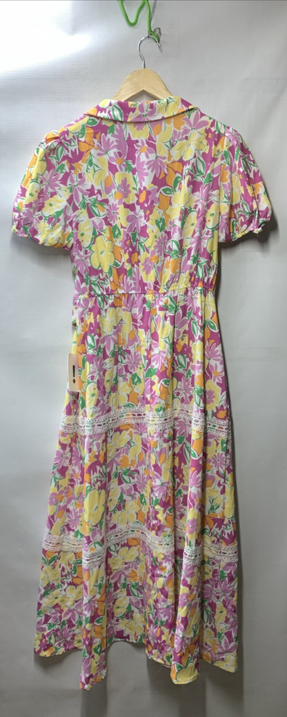 GRACE KARIN Women's Boho Tie Belt Short Puff Sleeve A Line Maxi Dress Size Med