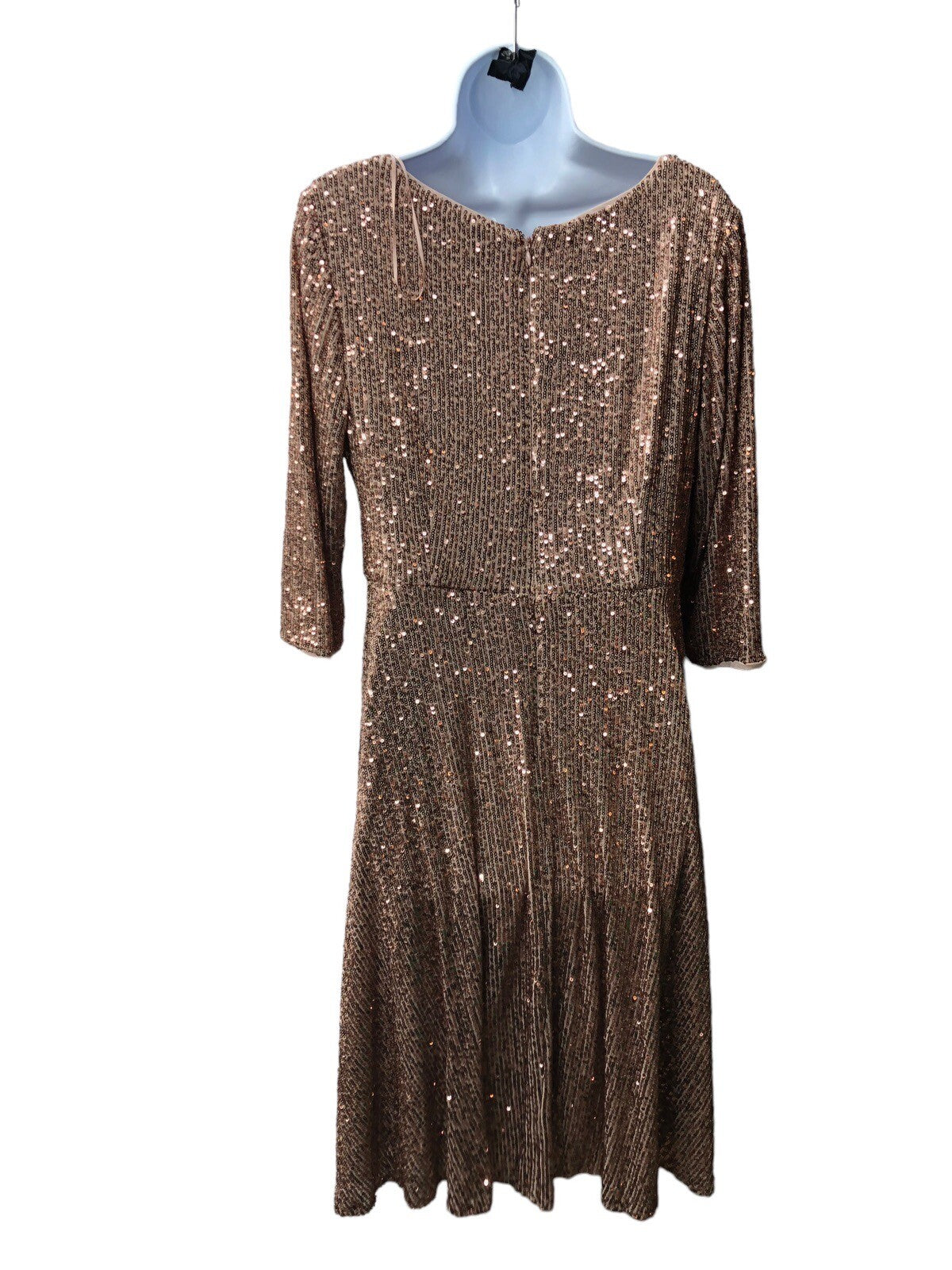 Gold sequin Alex Evenings women's A-line dress with 3/4 sleeves, size 12P, featuring a stylish, elegant design.