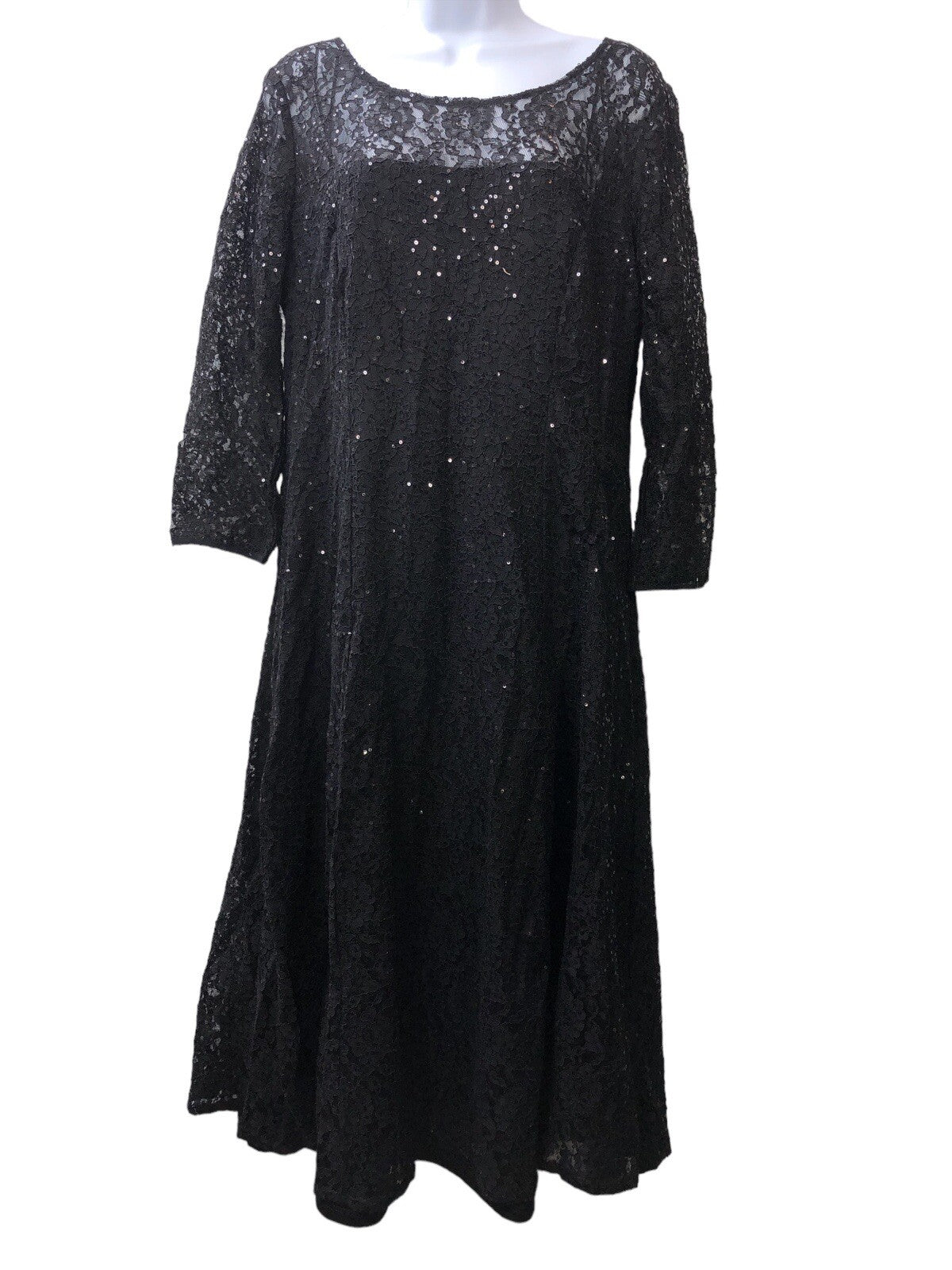 Women's tea-length three-quarter sleeve sequin lace dress by The Family Flips, size 14, featuring elegant lace and sparkling details.