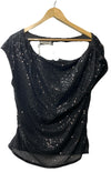 Black women's one-shoulder sequin top by Grace Karin, sparkly asymmetrical design, size large, stylish evening wear.
