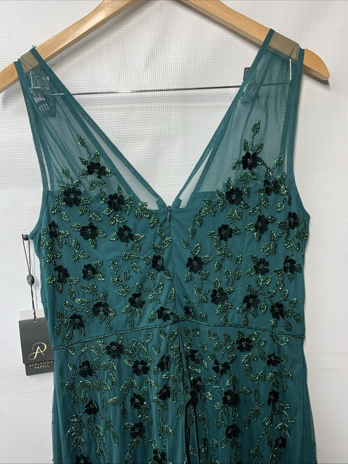 Adrianna Papell Women's Green Beaded Floral Gown Dress Sleeveless V-neck Size 12
