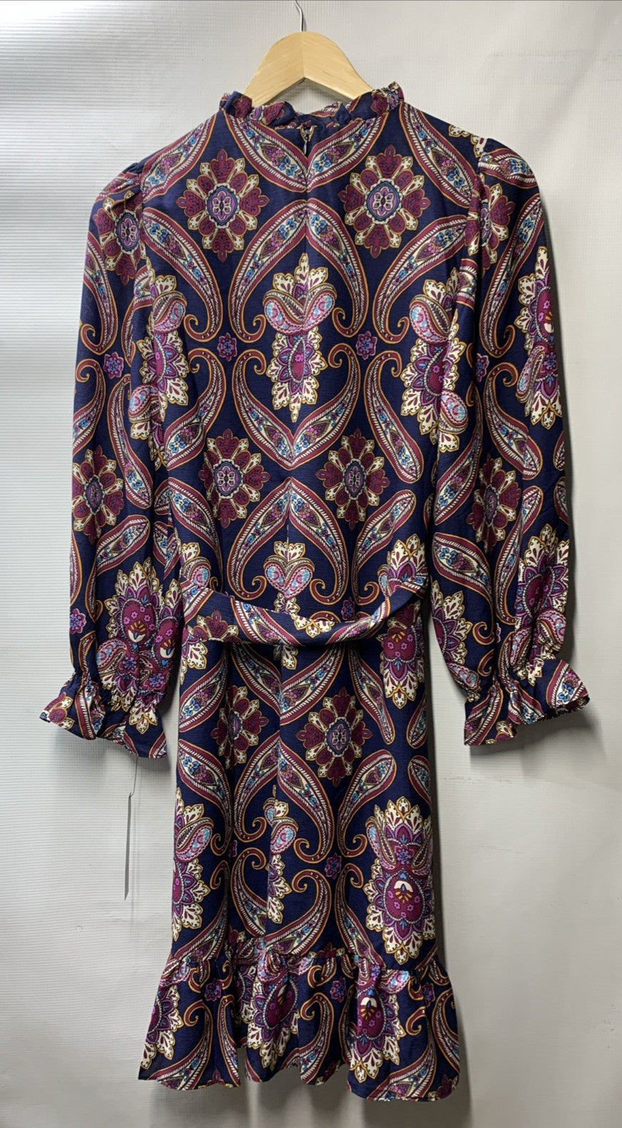 Maggy London Women's Long Sleeve Ruffle Mock Neck Dress with Waist Tie Size 8