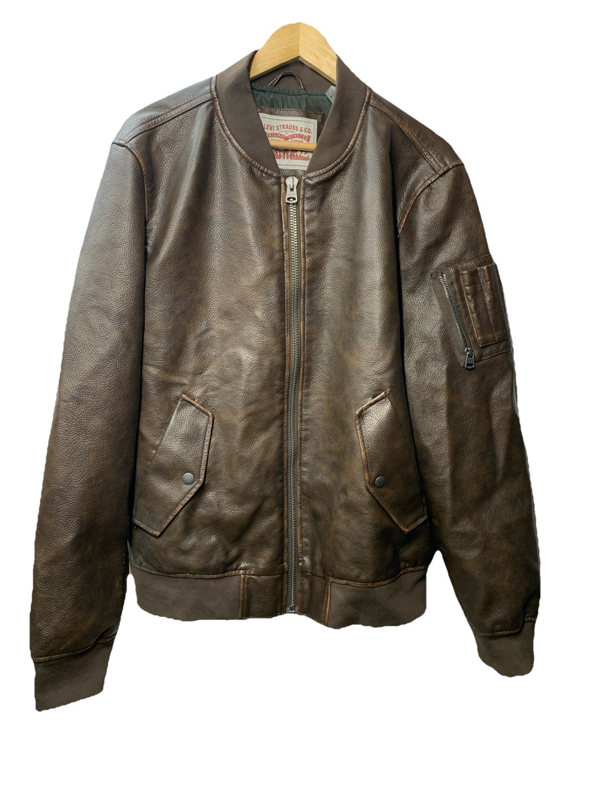 Levi's Mens Faux Leather Varsity Bomber Jacket Size L Long Sleeve LM2RU096 Brown