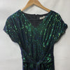 Green Grace Karin bodycon cap sleeve sequin party dress with V-neck, designed for women, size small, stylish and fitted.