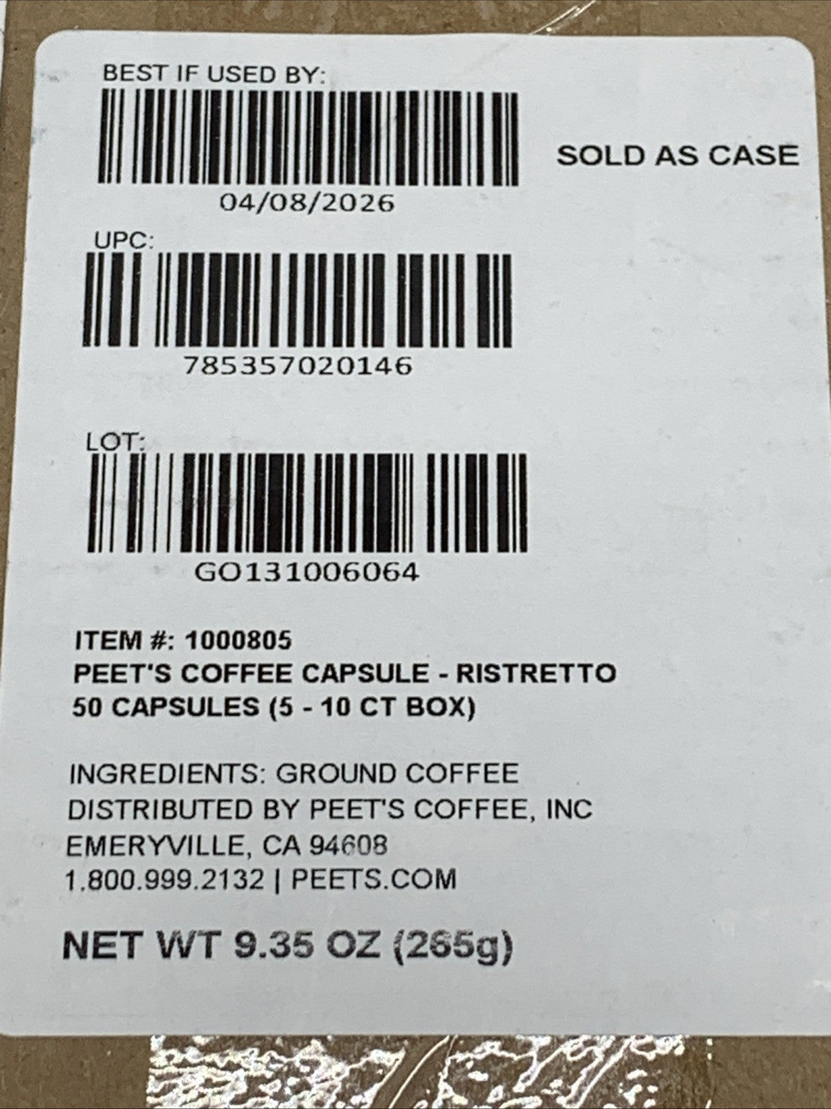 Peet's Coffee Dark Roast Espresso 50 Capsules Ristretto 100% Arabica BB 4/8/26