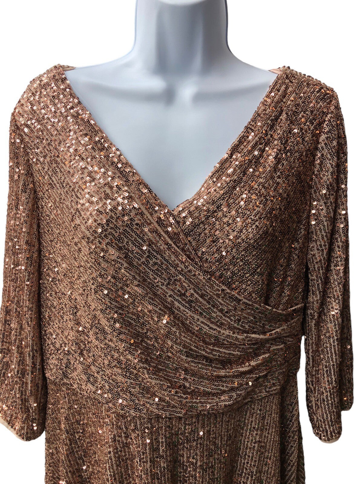 Gold sequin Alex Evenings women's A-line dress with 3/4 sleeves, size 12P, featuring a stylish, elegant design.