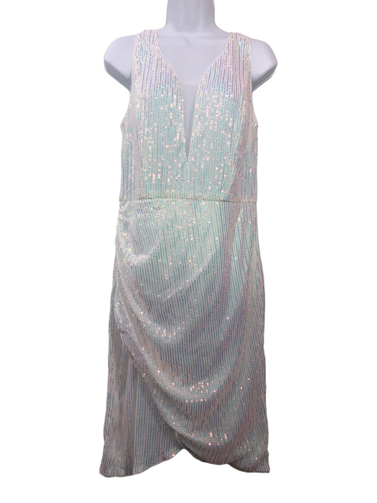White sequin prom dress by The Family Flips featuring a zipper back and split bottom for elegant formal occasions.