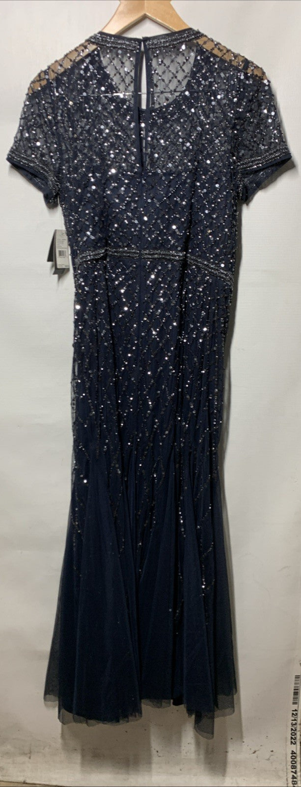 Adrianna Papell Womens Short-Sleeve Grid Beaded Gown Evening Dress Navy Size 14