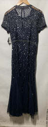 Adrianna Papell Womens Short-Sleeve Grid Beaded Gown Evening Dress Navy Size 14
