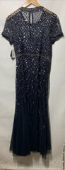 Adrianna Papell Womens Short-Sleeve Grid Beaded Gown Evening Dress Navy Size 14