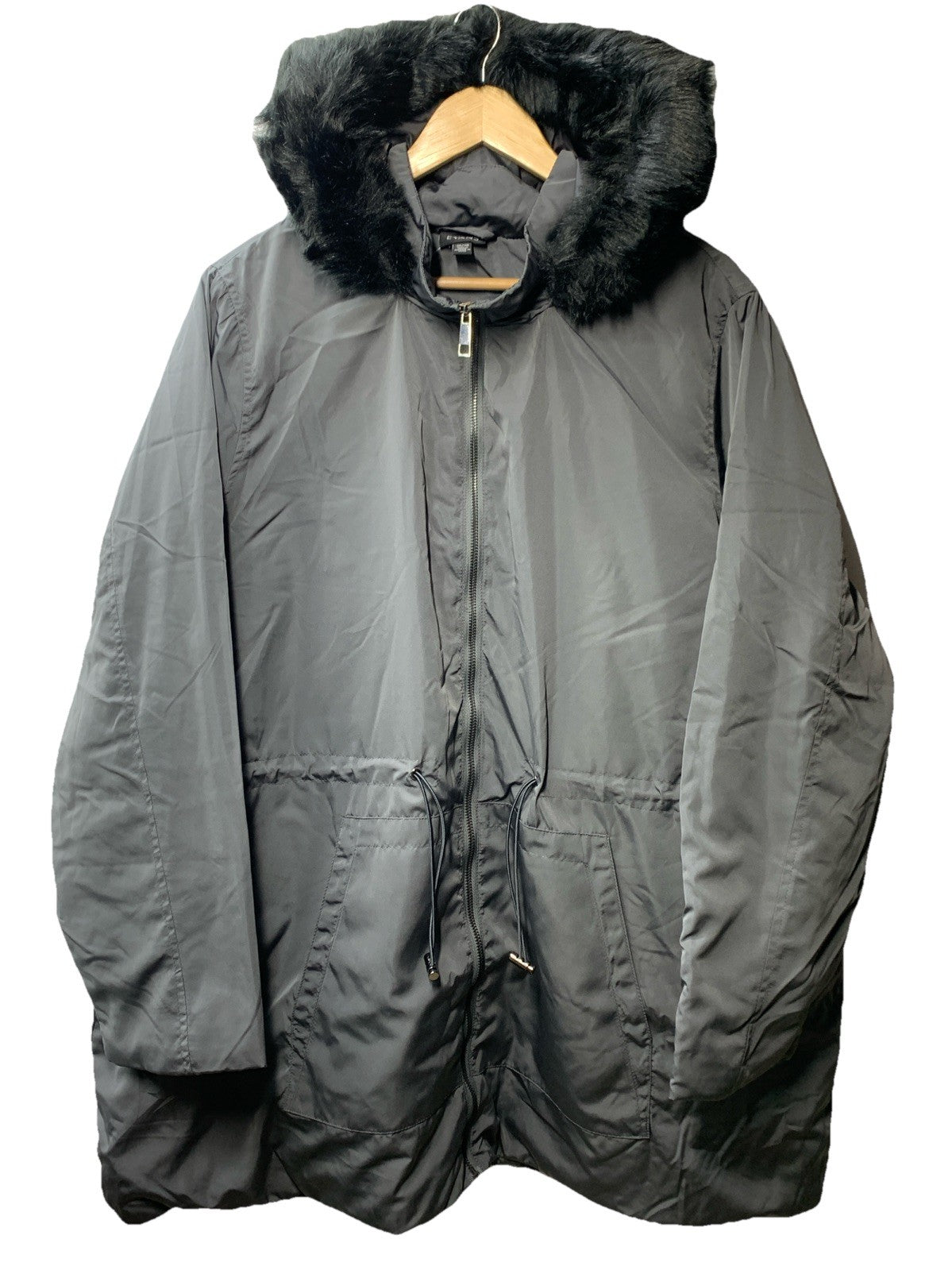 Evans Faux Fur Lightweight Coat Navy Gray Long Sleeve 00211220 with Hood 26/28