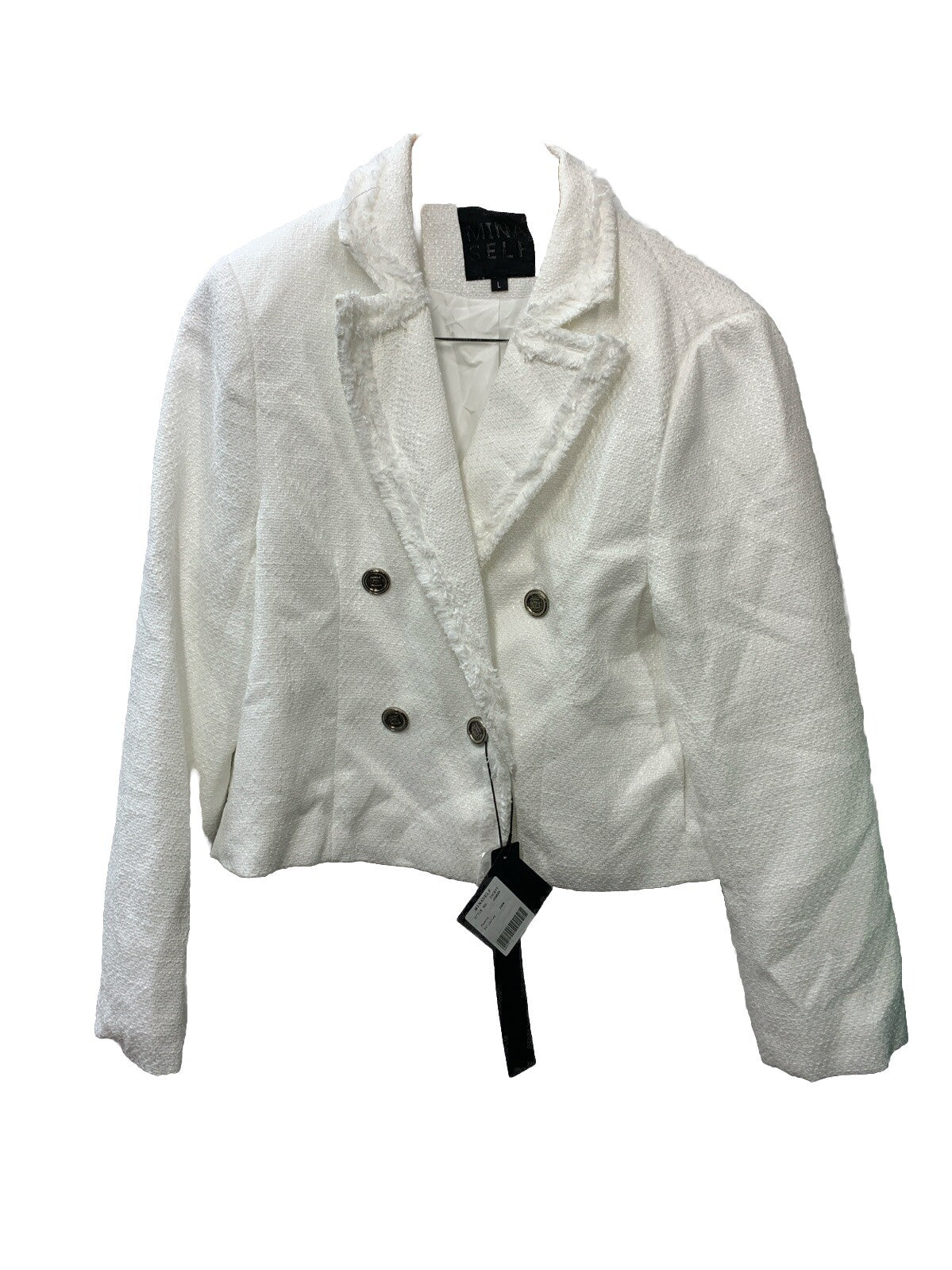 Mina Self Tweed Blazer Jacket White Gold Dress Jacket Women's Size L Long Sleeve