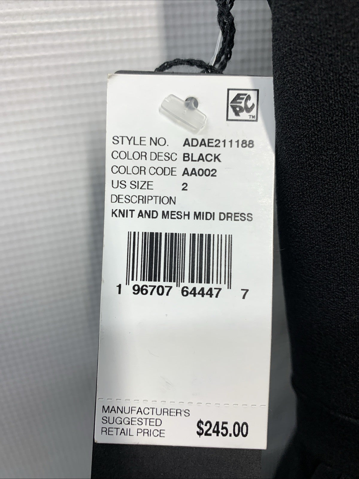Black Adrianna Papell women's square-neck midi mesh dress with back zip closure, size 2, featuring elegant design and fitted silhouette.