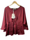 GRACE KARIN 3/4 Ruffled Sleeve Work Elegant Satin Silk Blouse Size Large Red