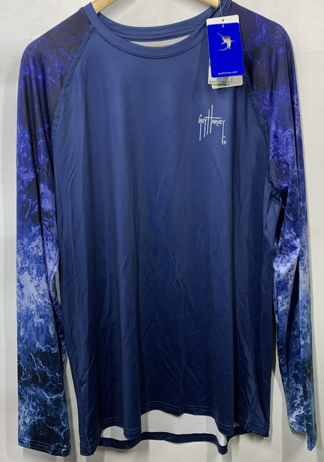 Guy Harvey Men's Deep Blue Shirt Raglan Sun Protection Long Sleeve T-shirt Large