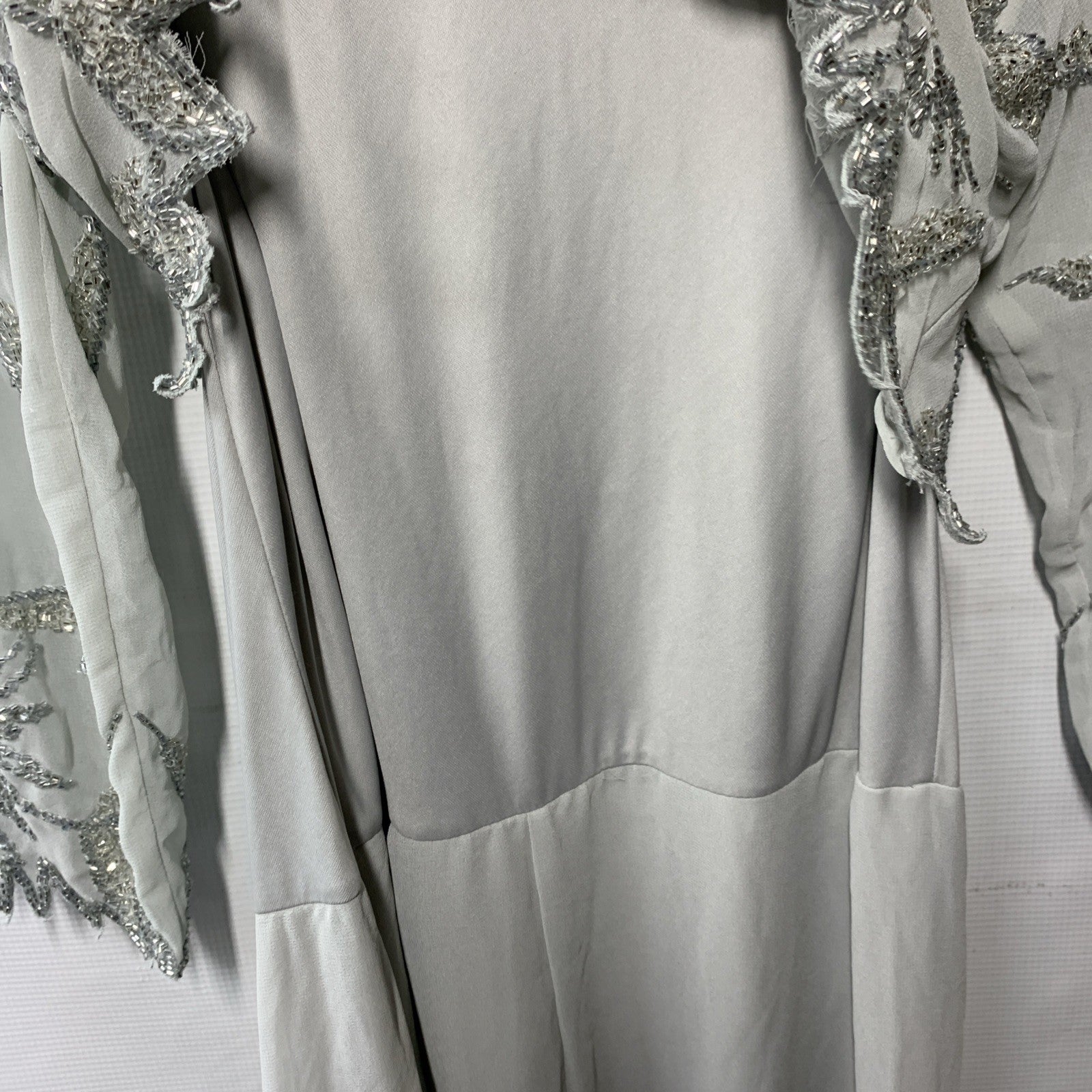 Gray women's beaded scoop neck dress with 3/4 sleeves, long evening style, size 12, from The Family Flips.