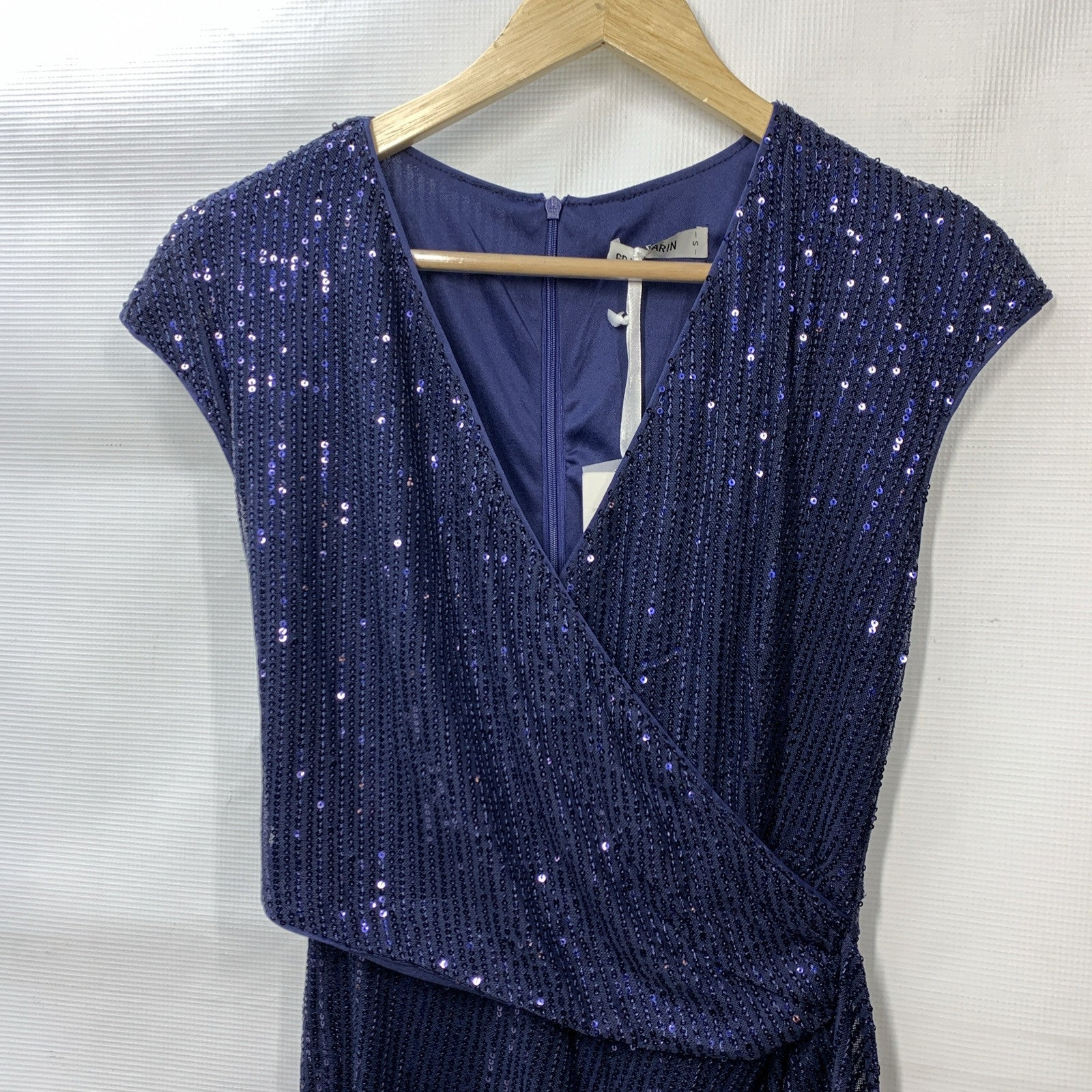 Grace Karin Sparkly Sequin Faux Wrap Short Sleeve Dress V-Neck Navy Size Small