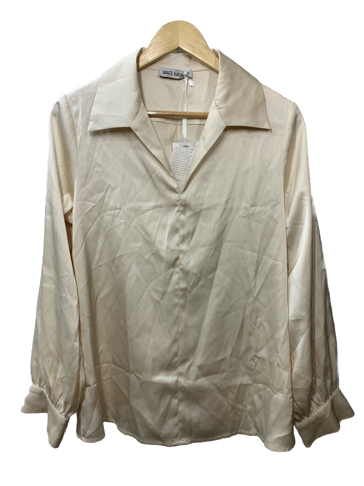 Satin Silk Women's Blouse Loose Fit Comfy Tops Beige Size M Long Sleeve Collared