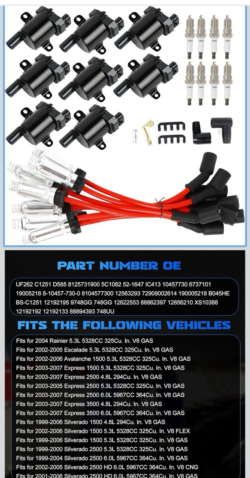 Ignition Coils & Spark Plugs & Wires Set UF262 for Chevrolet Silverado GMC 8pcs