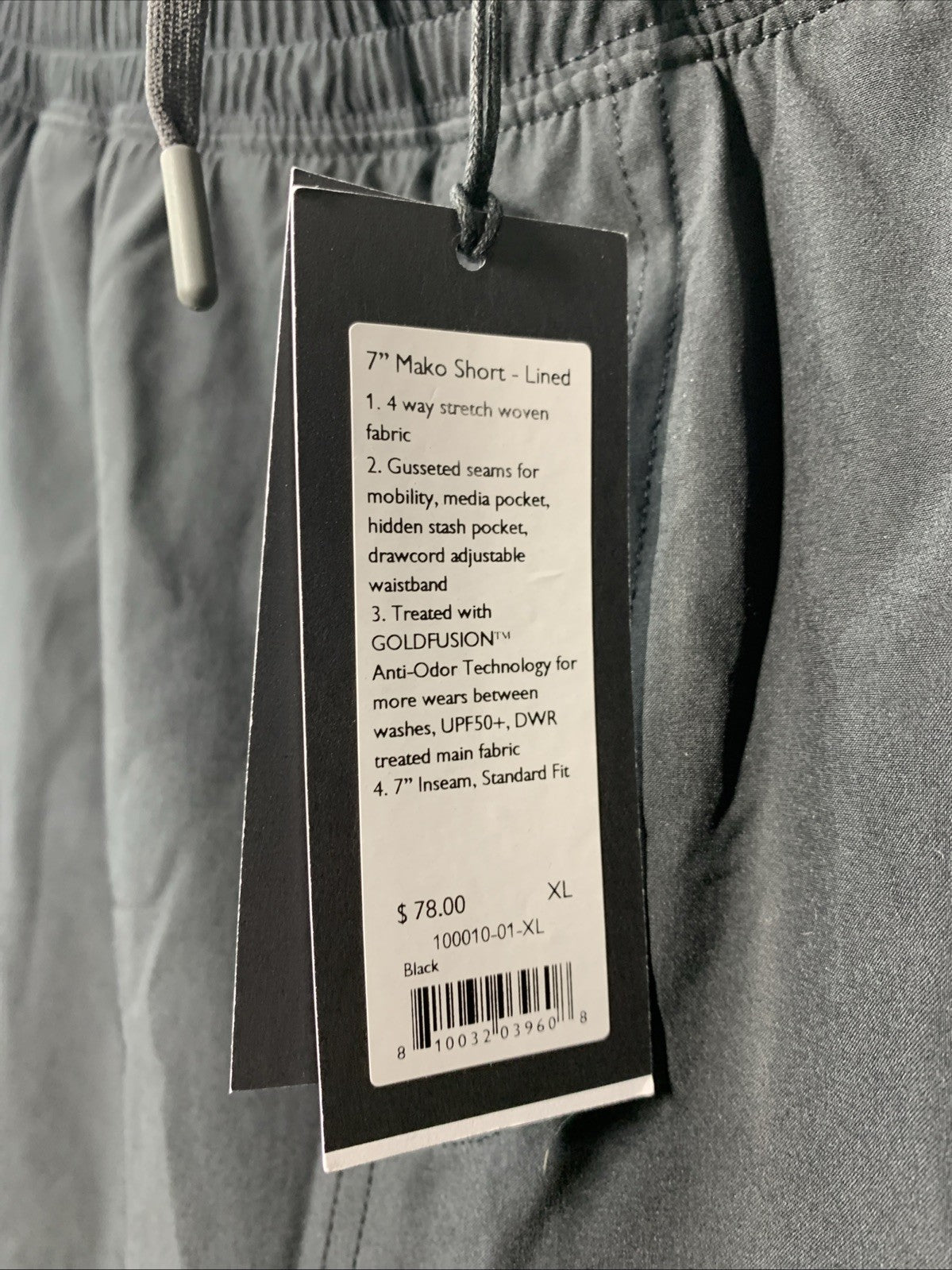 Rhone Men's XL Black Mako Lined 100010-01-XL Stretch Drawstring Anti-Odor Short