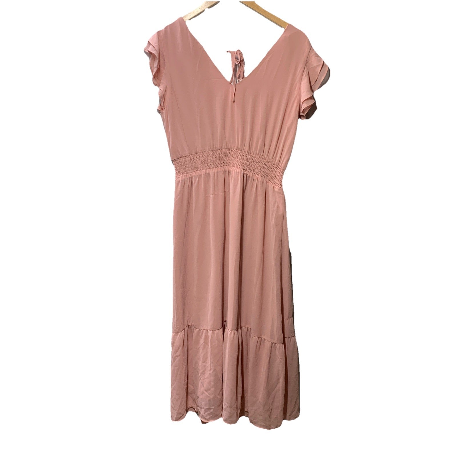 Women'S V Neck Ruffle Sleeve Summer Dress Split Flowy Tiered Midi Dress Pink Med