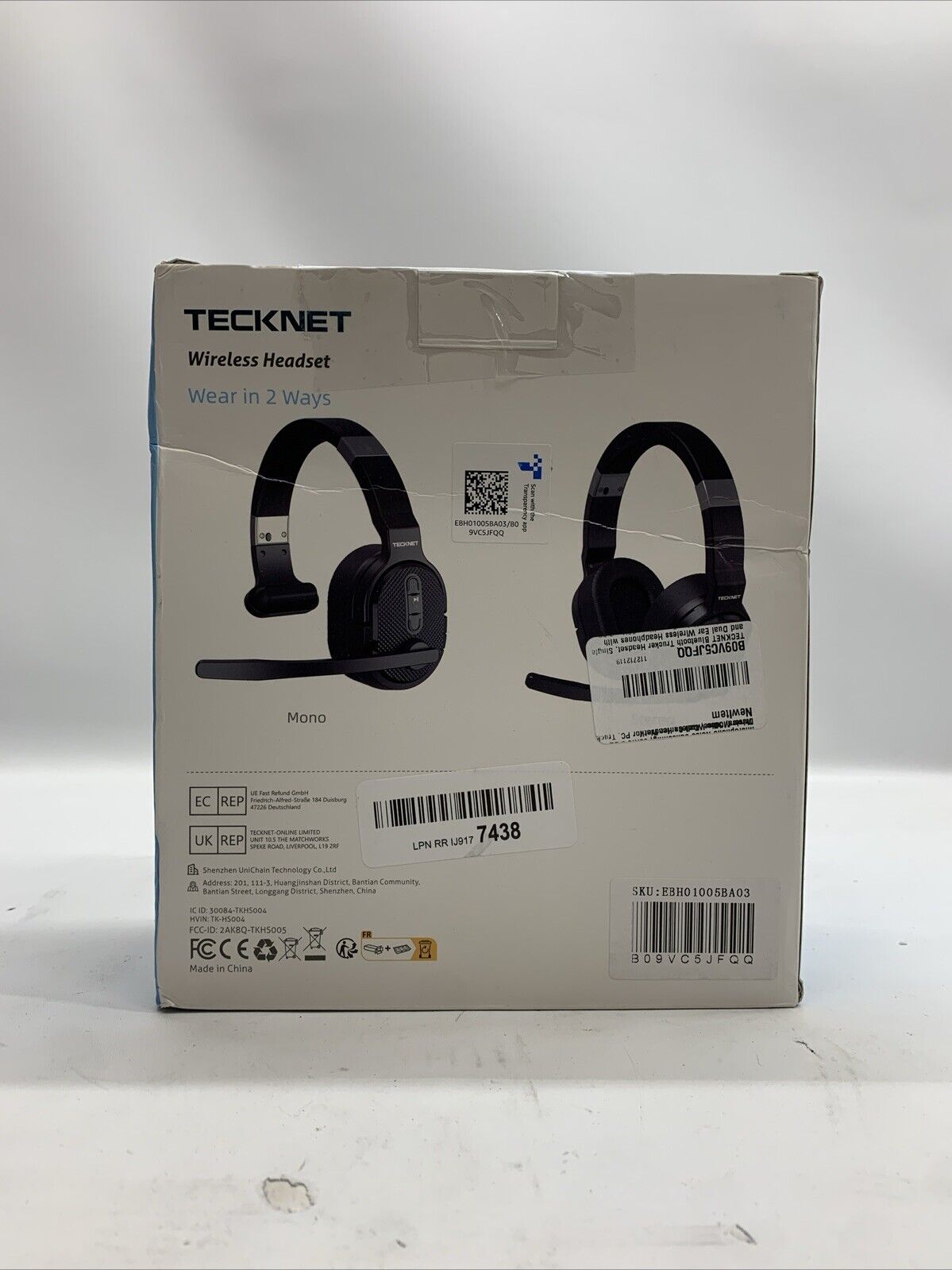 Tecknet Wireless Headset Mano & Stereo Mode Dual Mic Ergonomic Design Headphone