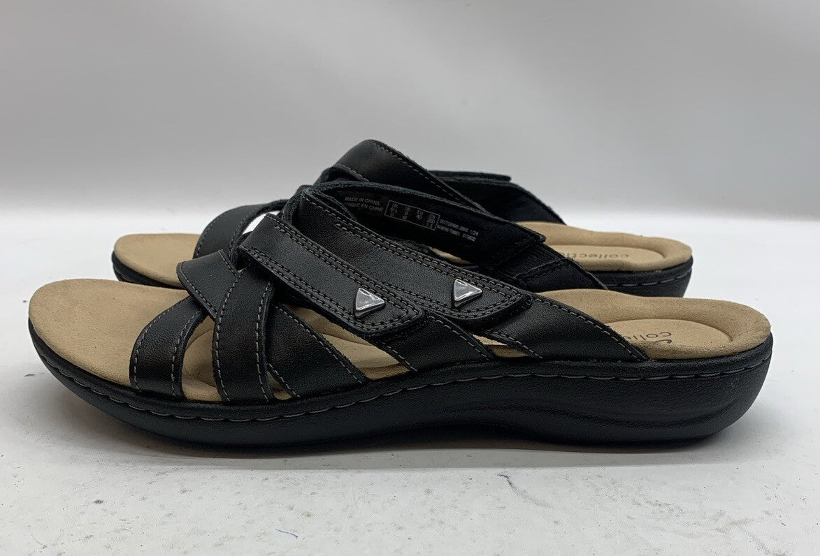 Women's Clarks Laurieann Bali Sandals Black Leather Size 9 Open Toe Slip-on