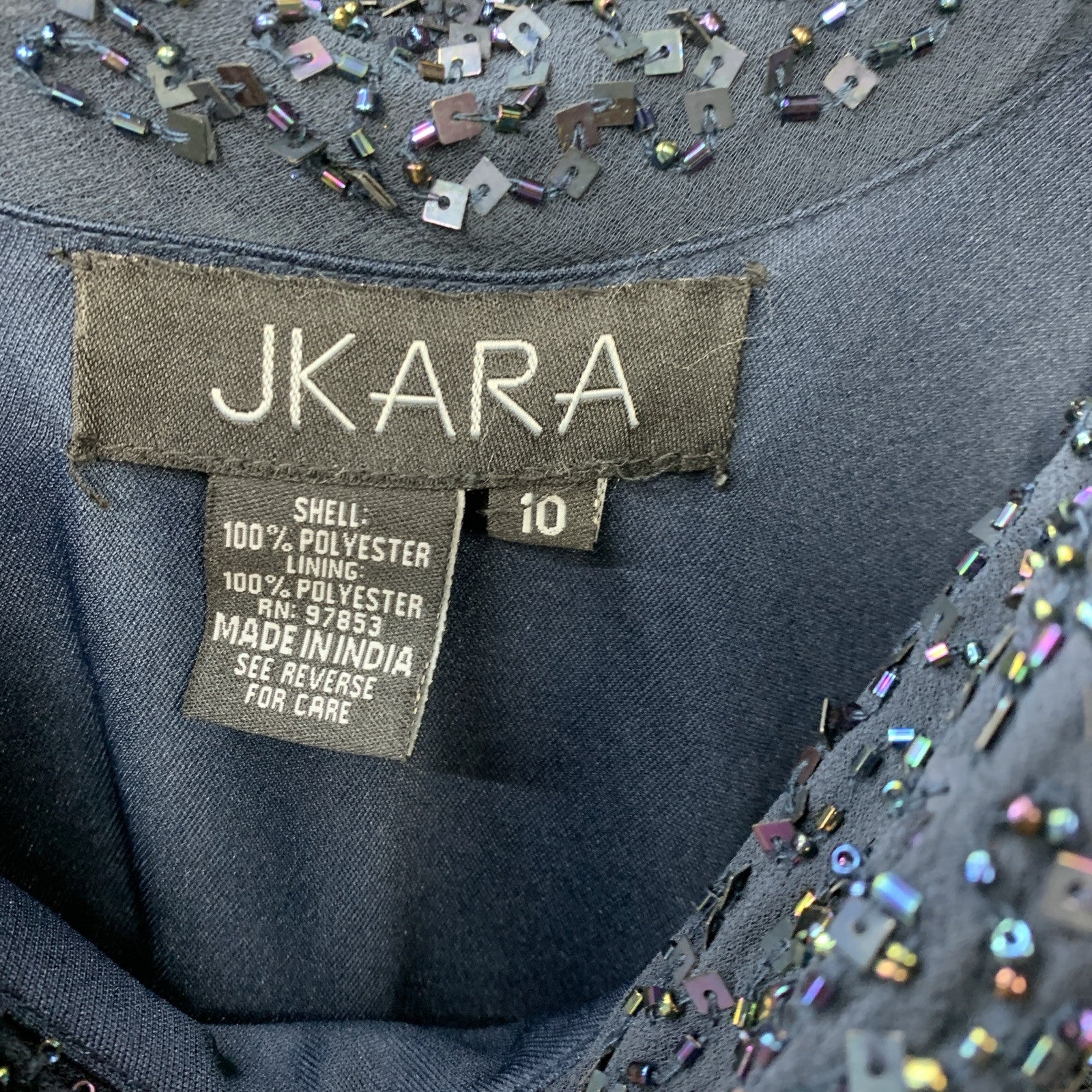 J Kara Women's Size 10 Flutter-Sleeve Embellished Popover Dress Navy (669) 3417N
