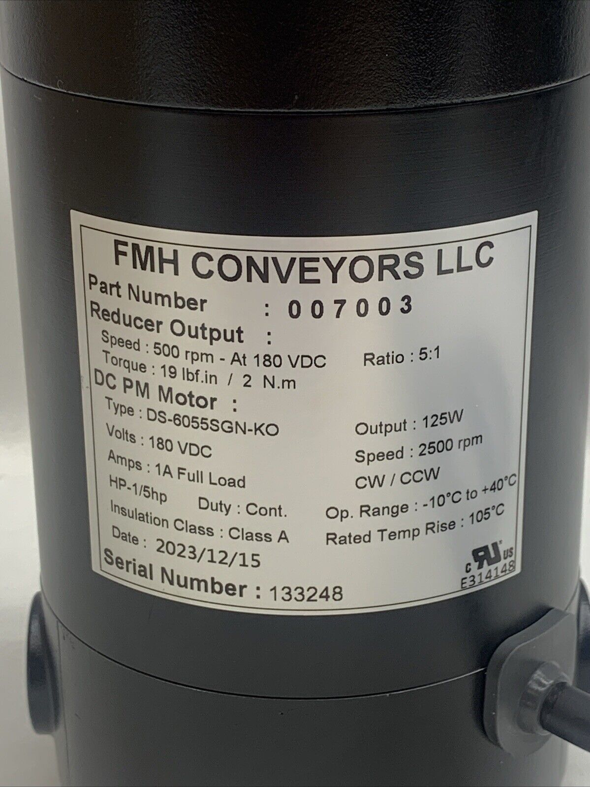 FMH BEST Conveyor 007003 DC Motor 500 RPM 180VDC DS-6055SGN-KO 19lbf Torque