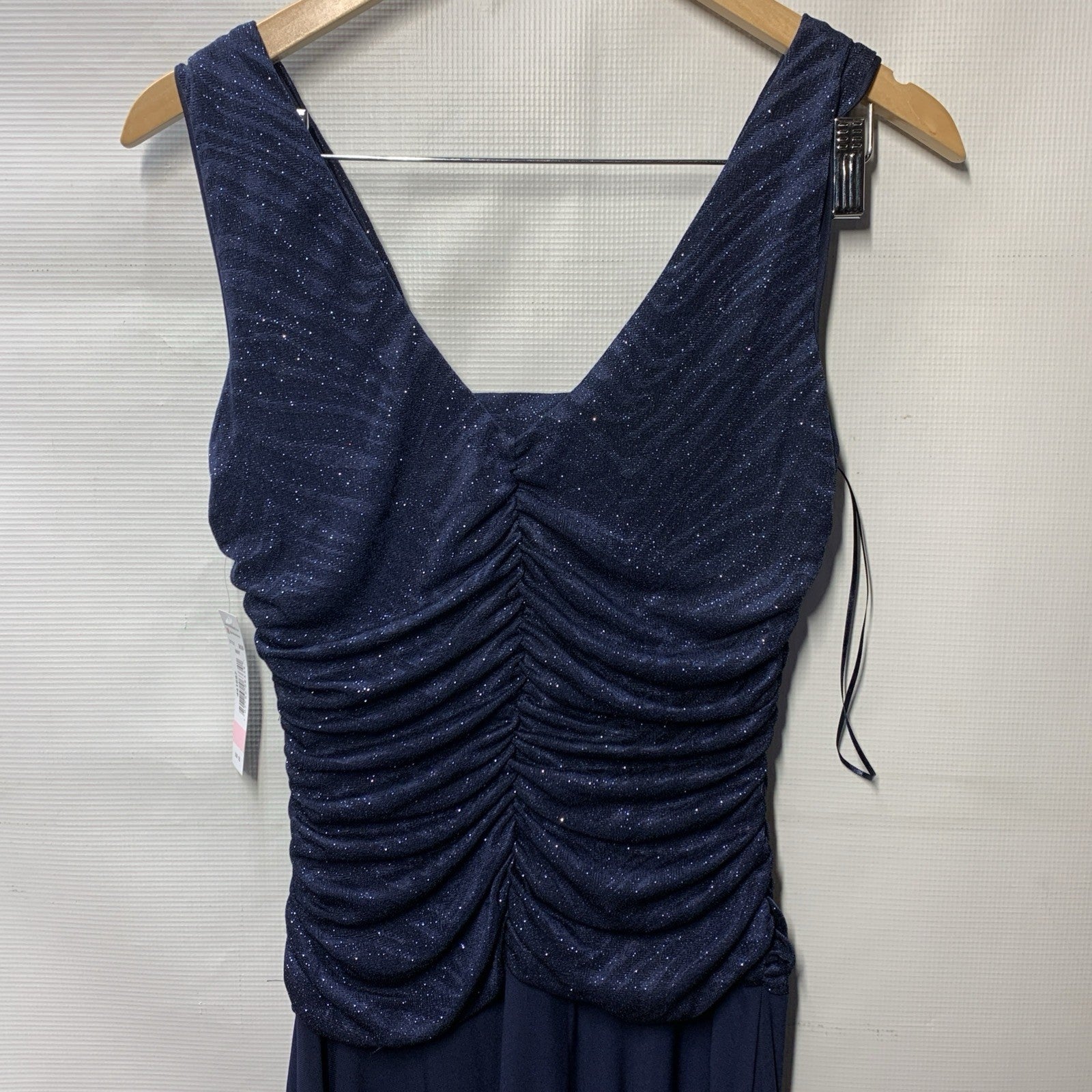 R&m Richards Women's Glitter Knit Chiffon Evening Gown Navy Blue 10 Sleeveless