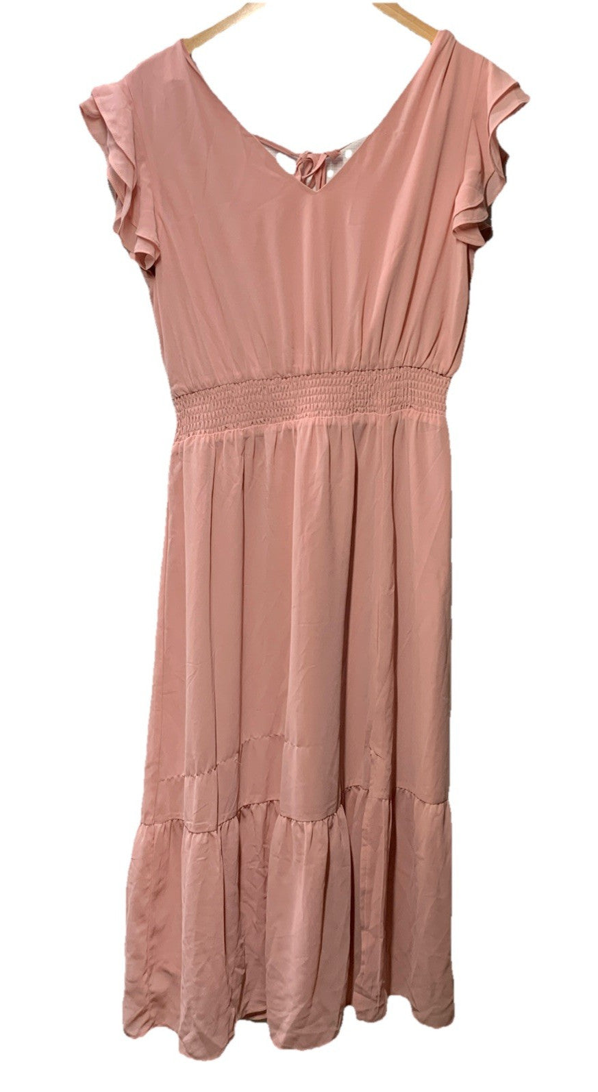 Women'S V Neck Ruffle Sleeve Summer Dress Split Flowy Tiered Midi Dress Pink Med