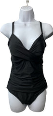 DKNY Women's Surplice Ruched Spaghetti Strap One Piece Swimsuit Size M Black