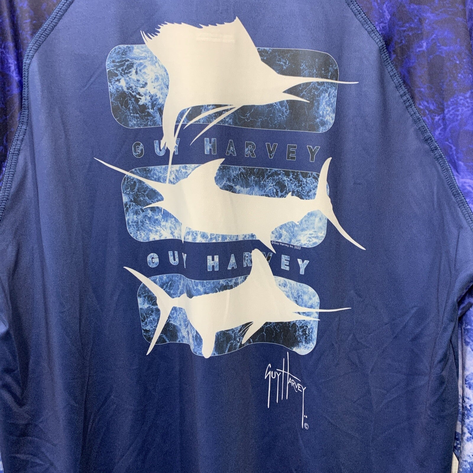 Guy Harvey Men's Deep Blue Shirt Raglan Sun Protection Long Sleeve T-shirt Large