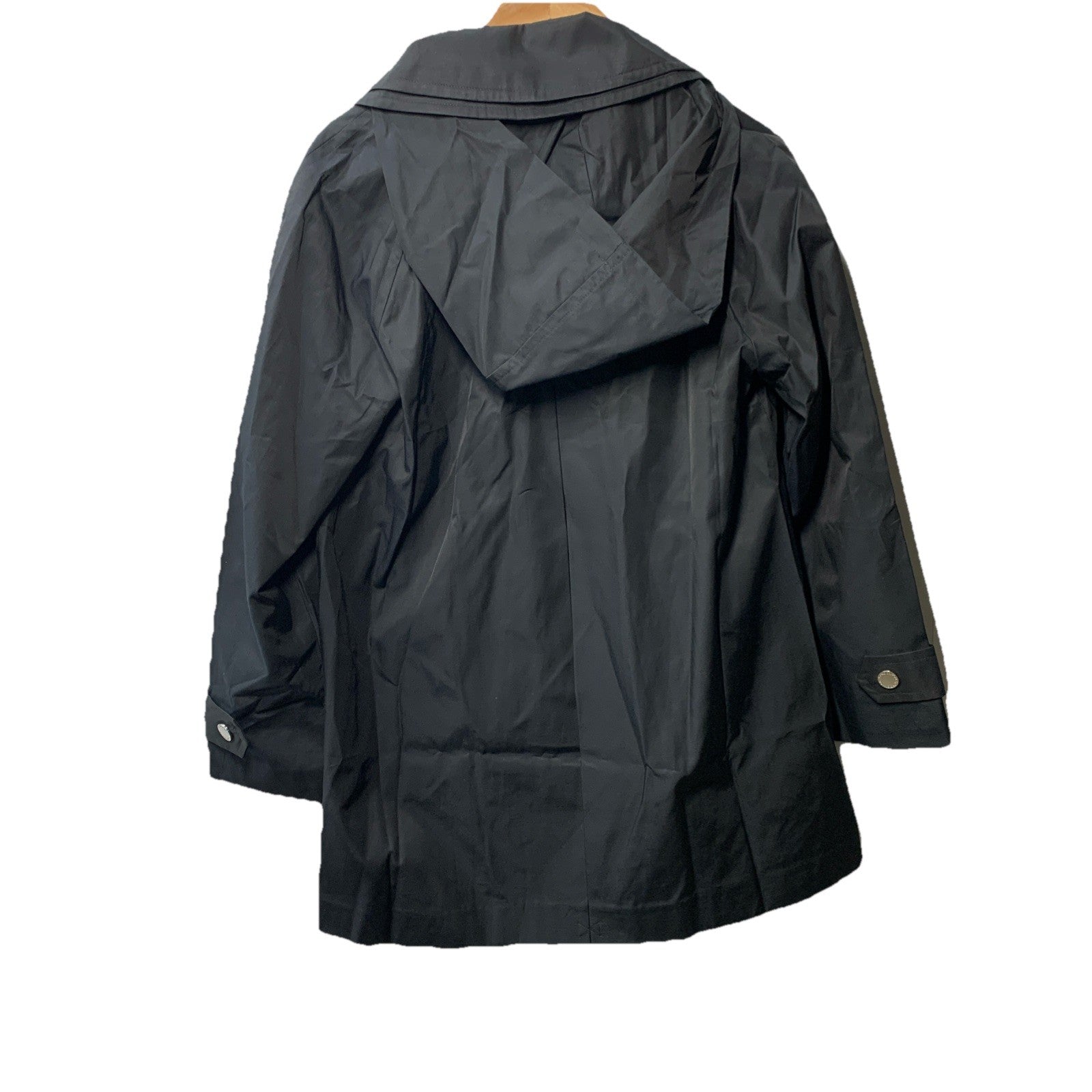 London Fog women’s black trench coat jacket with long sleeves, hood, and pockets, featuring a classic, stylish design.