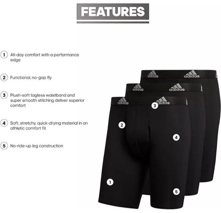 adidas Men's Performance Long Boxer Brief Underwear (3 Pack) Size Medium 32-34
