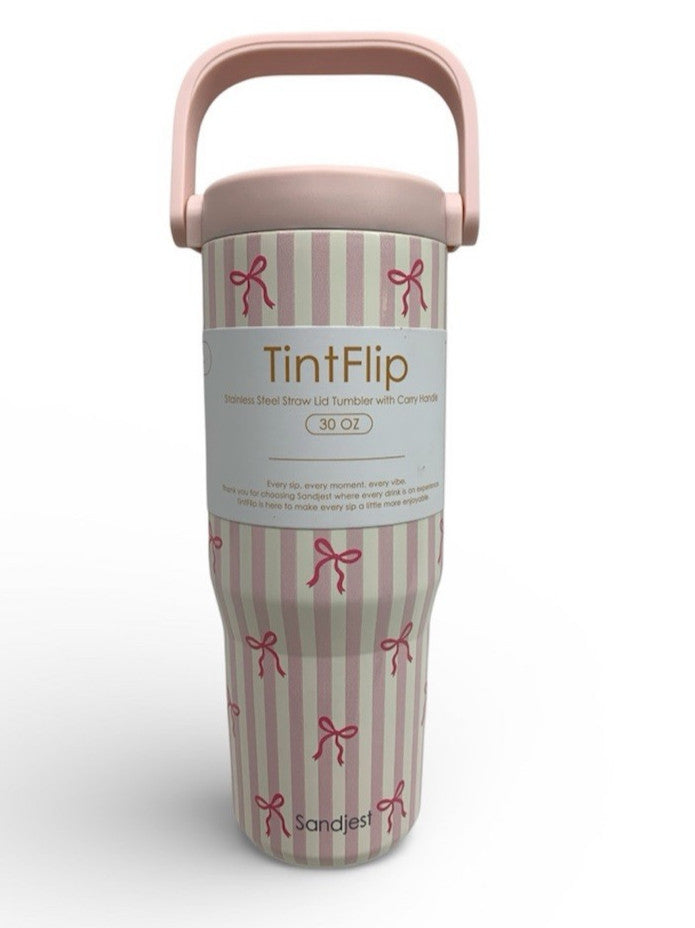 SANDJEST Bow Stainless Steel 30oz Beverage Water Tumbler w/Flip Straw & Handle