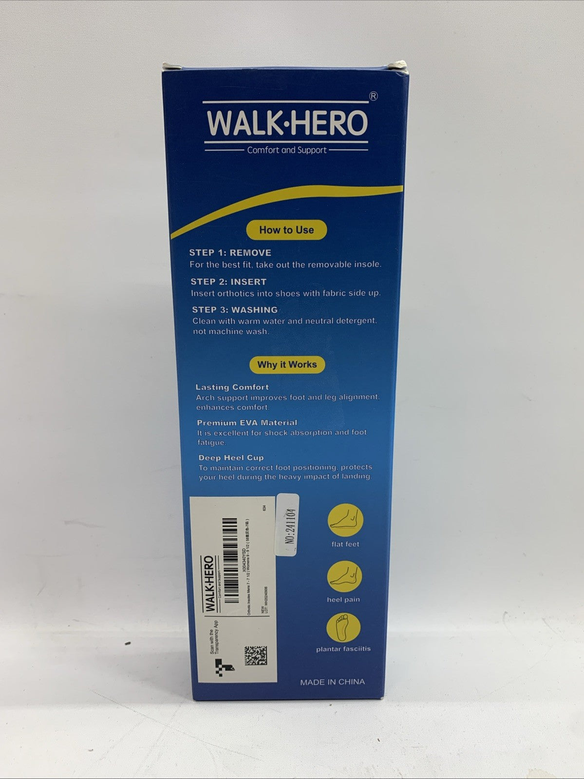 Walk Hero Size Mens 7-7.5 Women's 9-9.5 Medical Orthotic Insoles Support 1 Pair