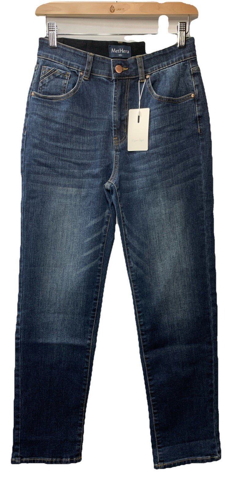 MetHera High Rise Jeans Straight Leg Stretch Denim Size 4S Long Pants Zip Fly