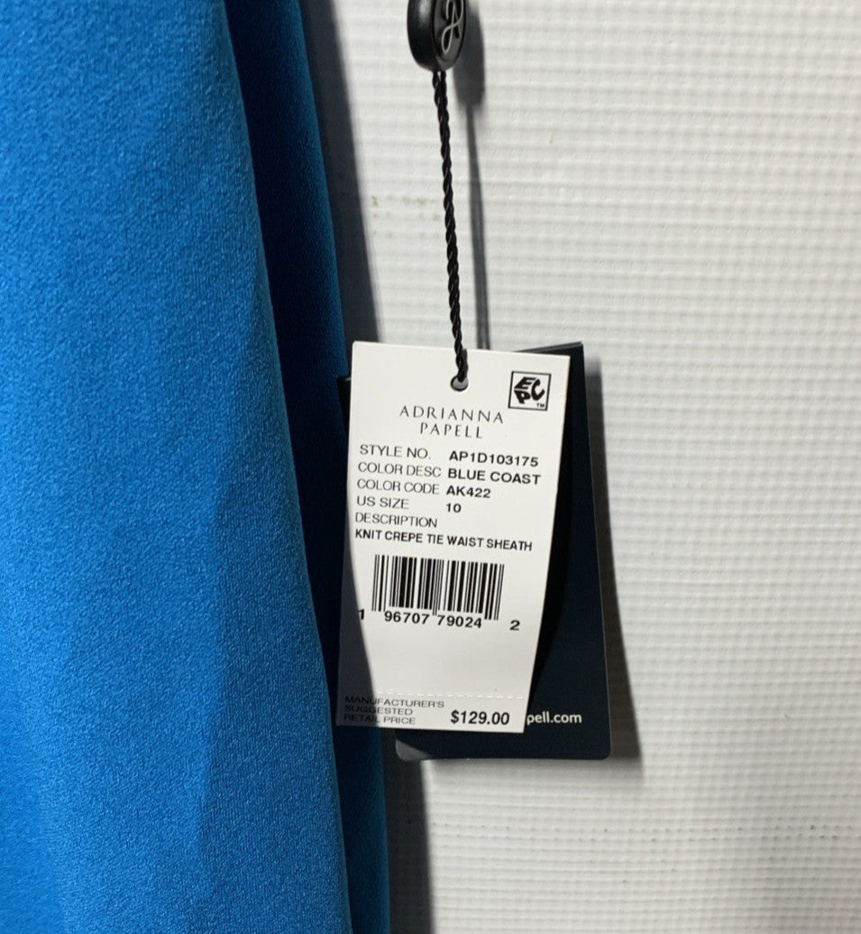 Adrianna Papell Women's Knit Crepe Tie Waist Sheath Size 10 Blue Coast Zip Back