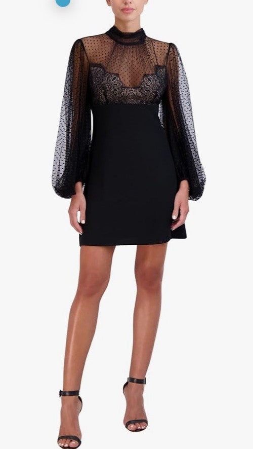 BCBGMAXAZRIA Women's Long Puff Sleeve Mock Neck Mini Evening Dress Black Size 16