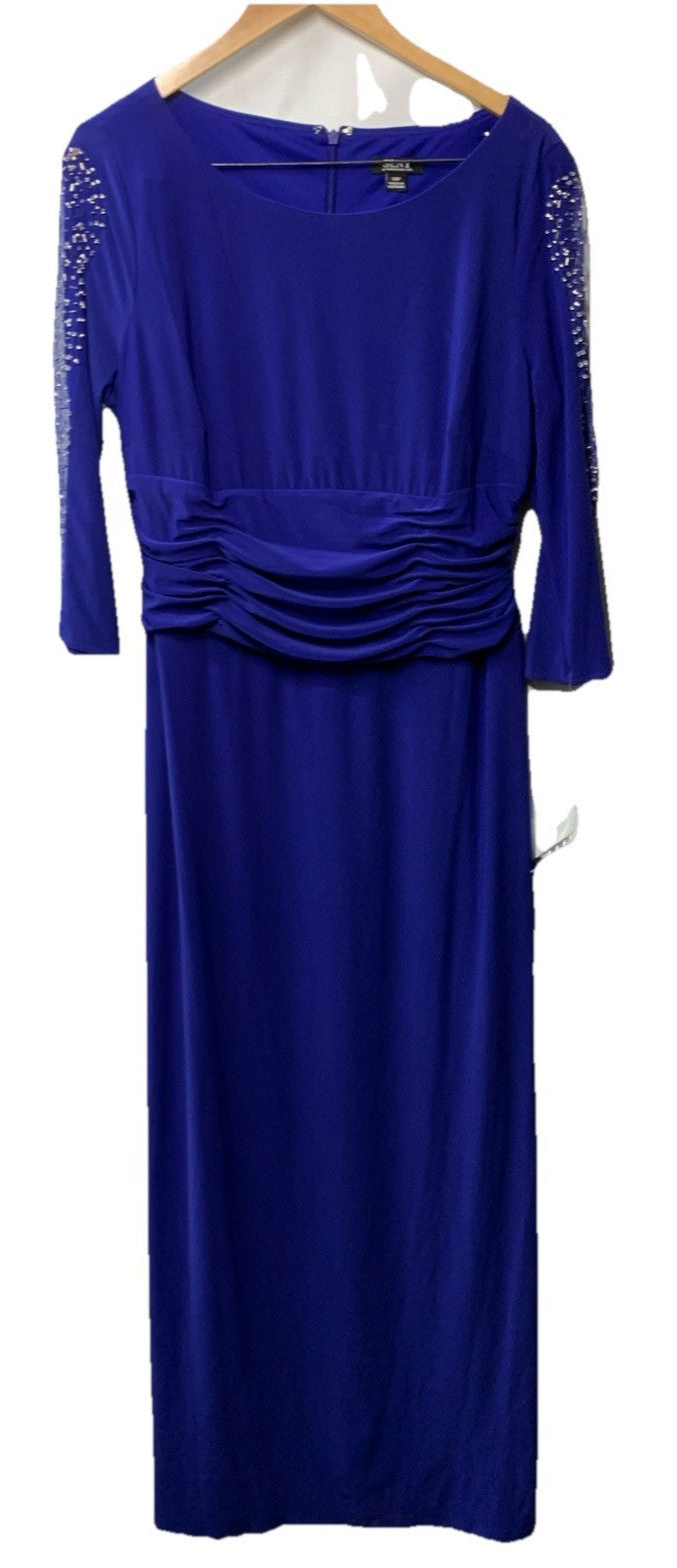 S.L. Fashions Womens Long Length Ruched Waist Formal Evening Dress Size 14P Blue