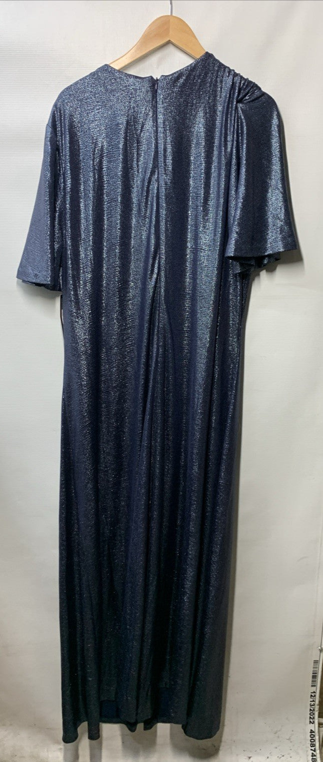 Tahari Knot-Front Elbow-Sleeve Metallic Jersey Long Gown Dress Navy Size 22W