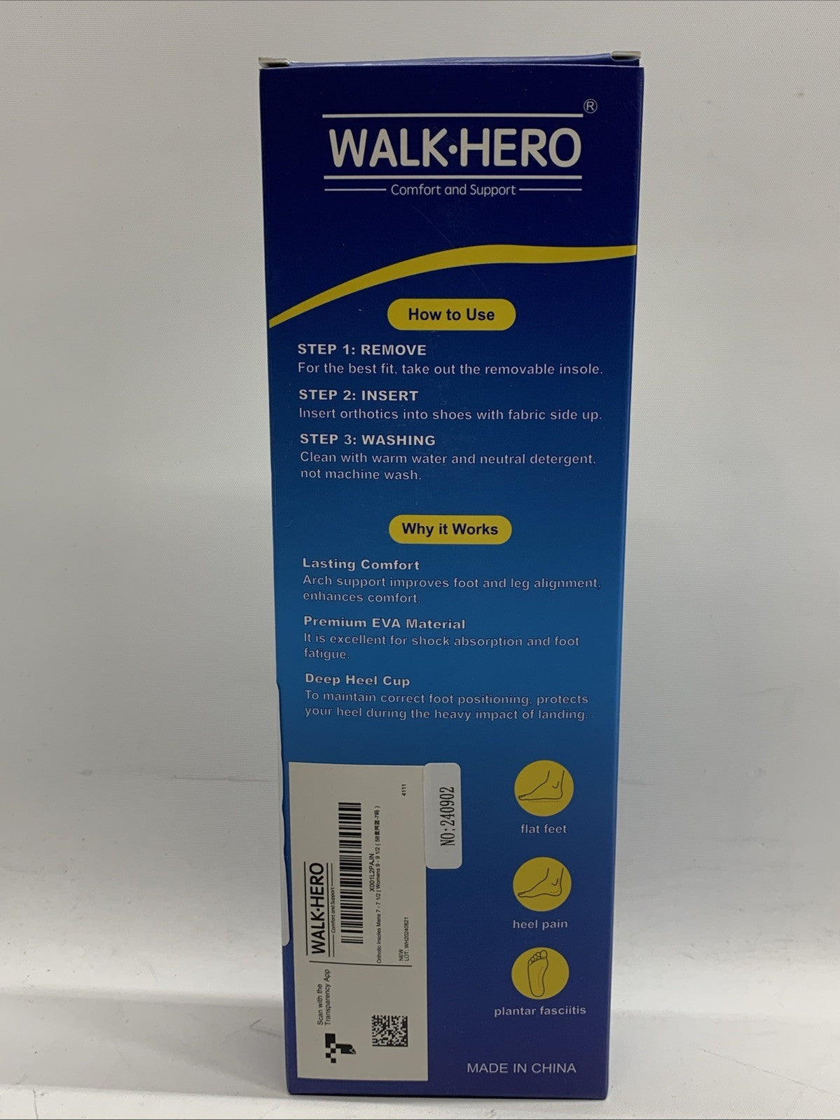 Walk Hero Size Mens 7-7.5 Women's 9-9.5 Medical Orthotic Insoles Support 1 Pair