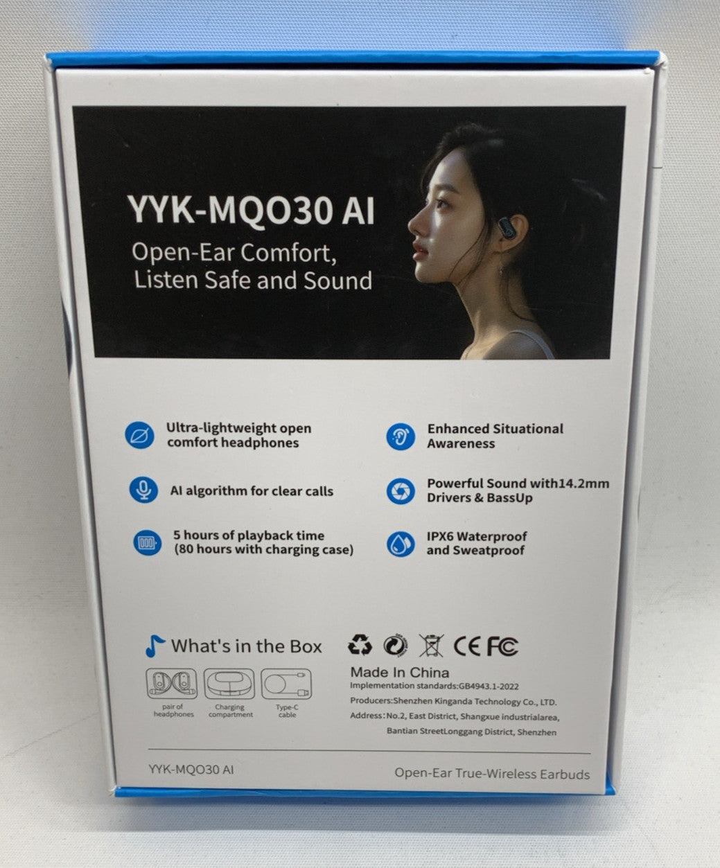 YYK-MQO30 AI LCD Open-Ear Earbuds Blue/Black Ultra-lightweight Wireless Earbuds