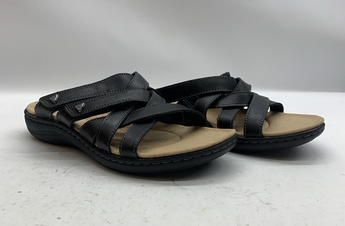 Women's Clarks Laurieann Bali Sandals Black Leather Size 9 Open Toe Slip-on